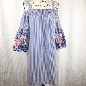 Striped Off-Shoulder Dress with Floral Embroidery